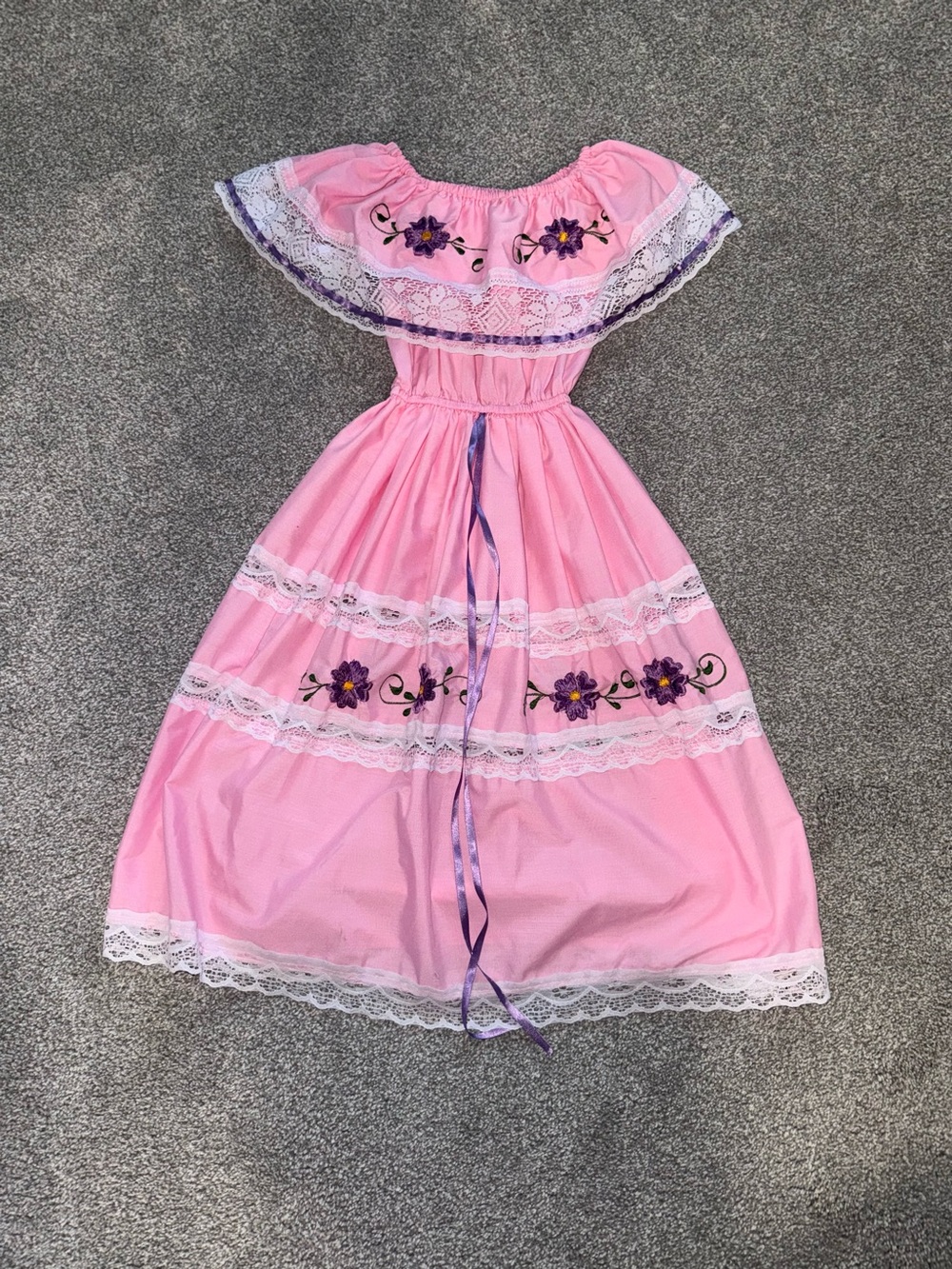 Pink Floral Lace Girls' Mexican Dress
